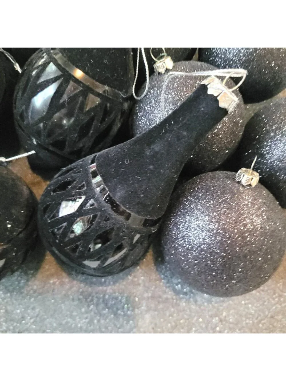Ornaments Set 14 With Black Texture Velvet & Glitter Intricate Pattern Christmas